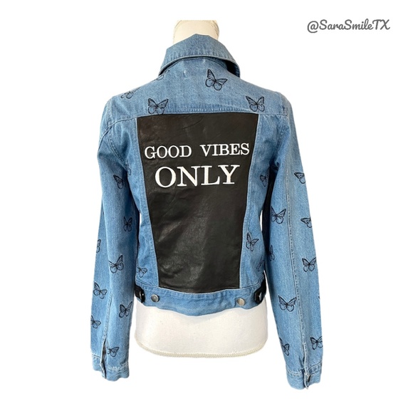 SAMANTHA SIPOS - Good Vibes Only - Embroidered Butterfly Denim & Leather Jacket - Picture 3 of 16